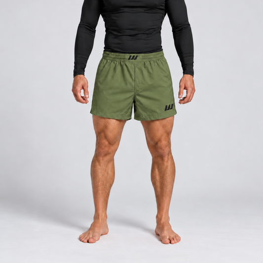 Iron Jiu Jitsu Army Green 3.5 inch Hybrid Combat Shorts on model