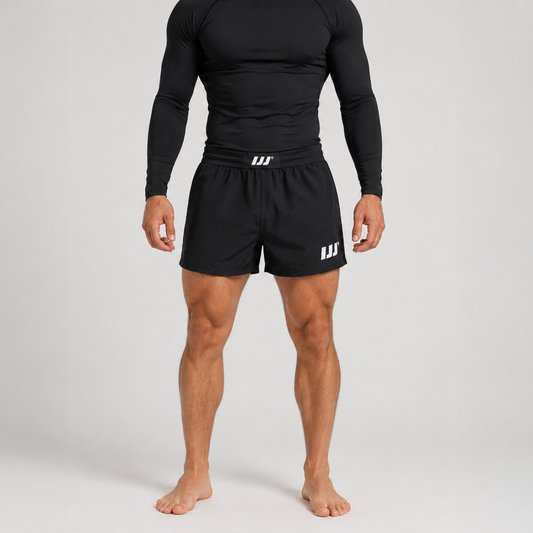 Iron Jiu Jitsu Black 3.5 inch Hybrid Combat Shorts on model