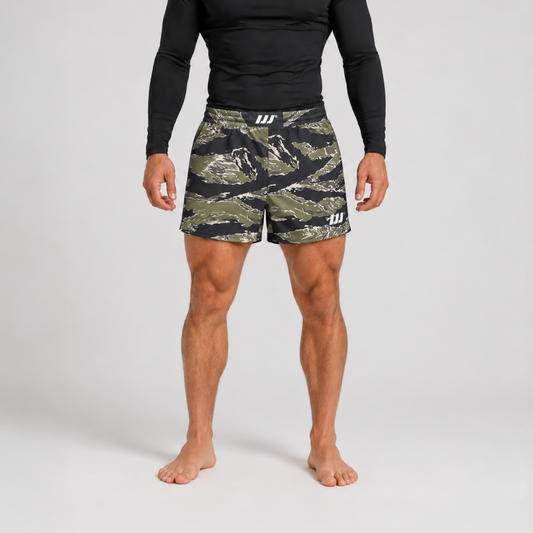 Iron Jiu Jitsu Tiger Camo 3.5 inch Hybrid Combat Shorts on model