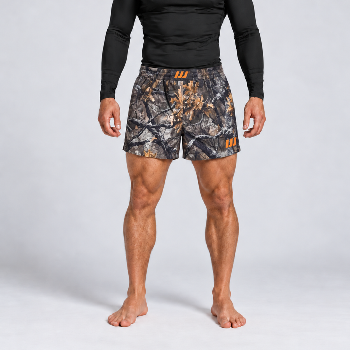 Iron Jiu Jitsu Woodland Camo 3.5 inch Hybrid Combat Shorts on model