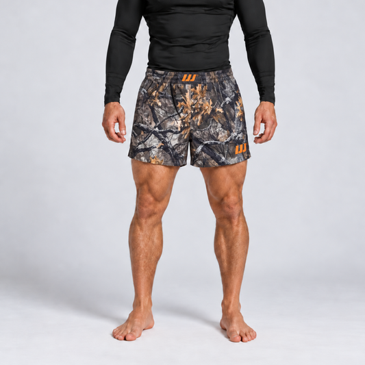 Iron Jiu Jitsu Woodland Camo 3.5 inch Hybrid Combat Shorts on model