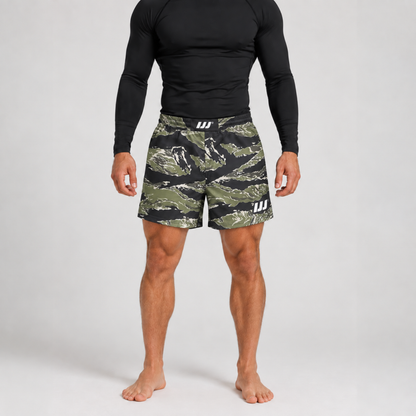 Iron Jiu Jitsu Tiger Camo 5 inch Combat Cut Hybrid Shorts on model