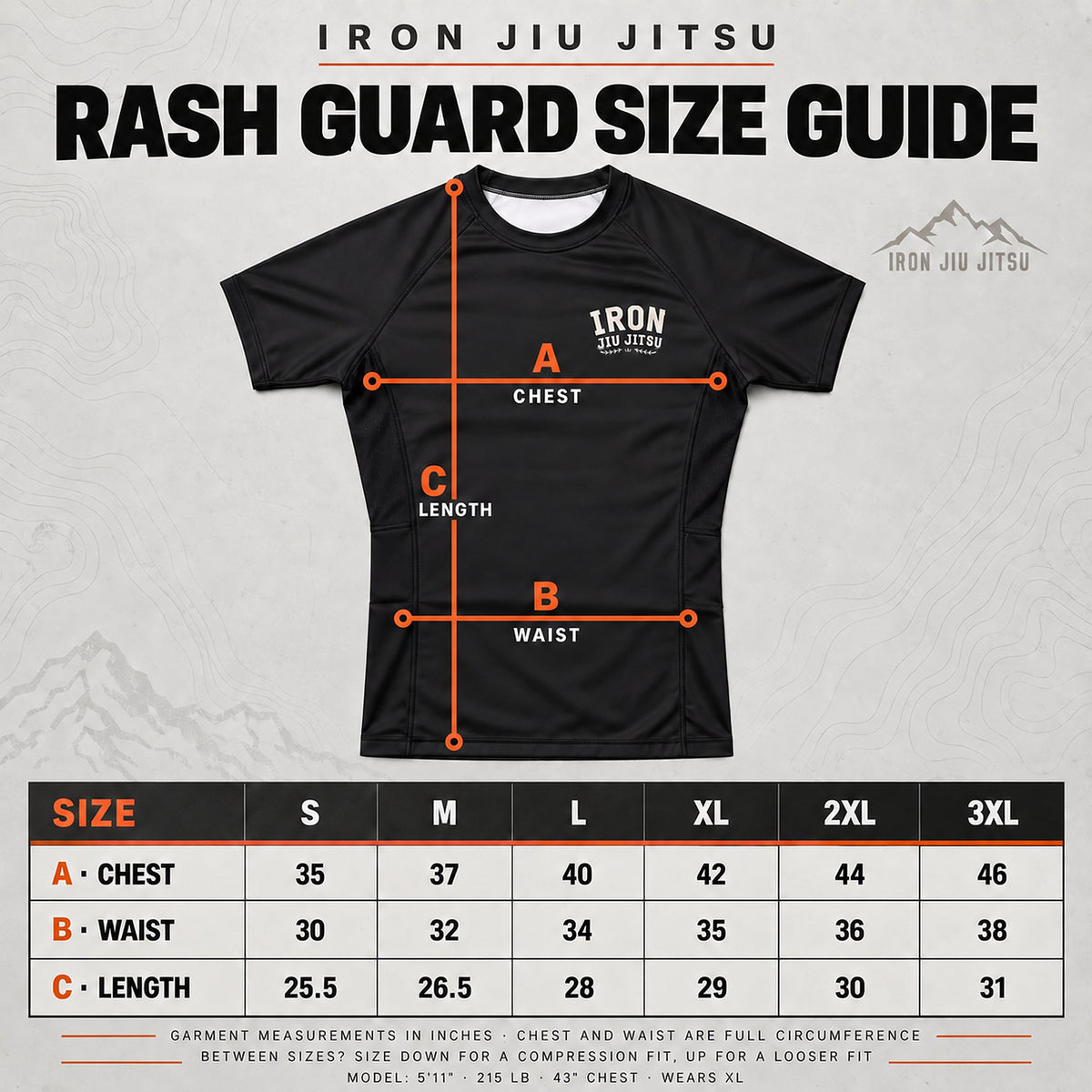 Iron Jiu Jitsu Wild Skull Rash Guard, Black, size chart