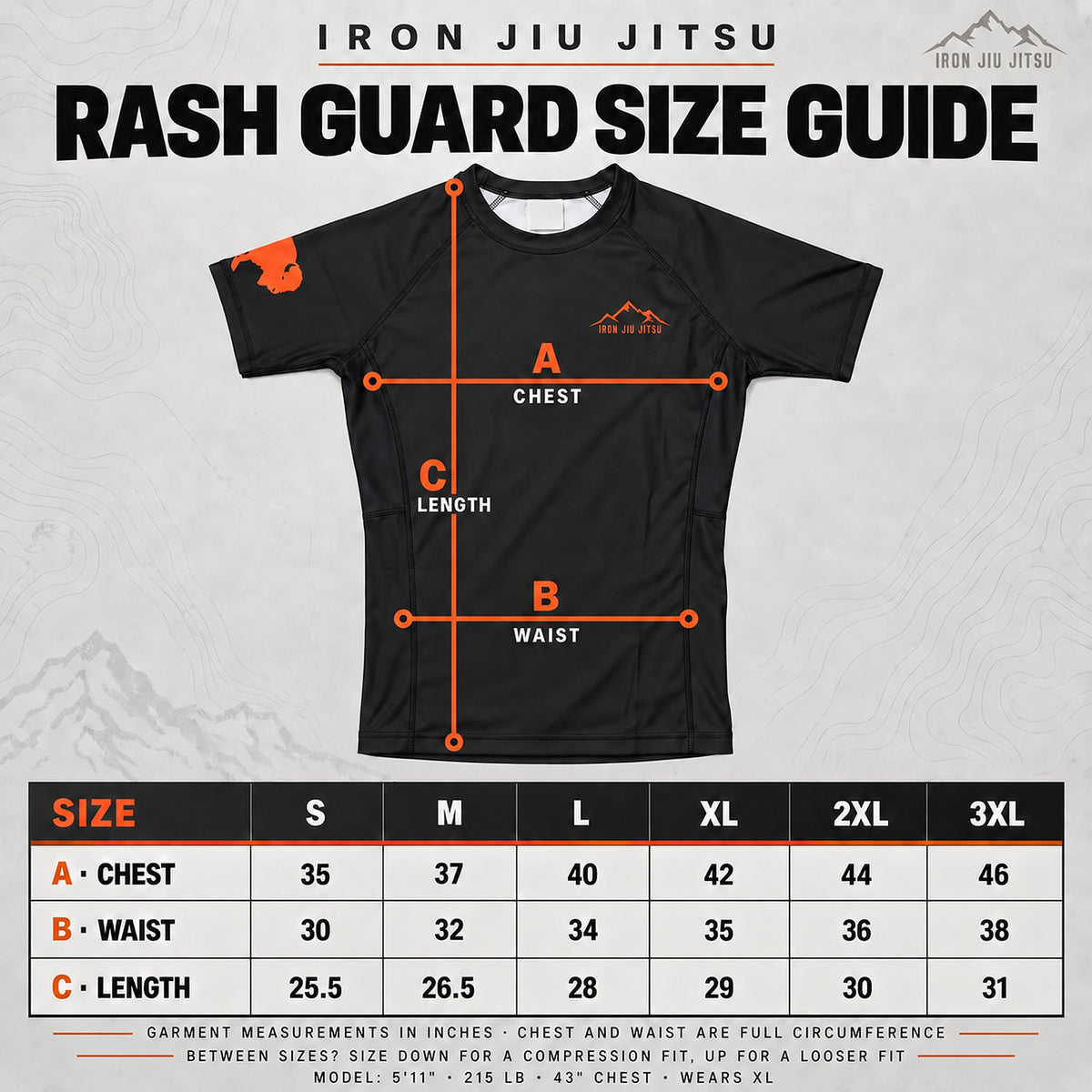 Iron Jiu Jitsu Mountain Rash Guard, Black, size chart