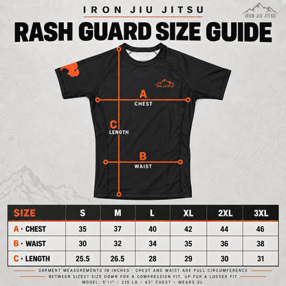 Iron Jiu Jitsu Mountain Rash Guard, Black, size chart