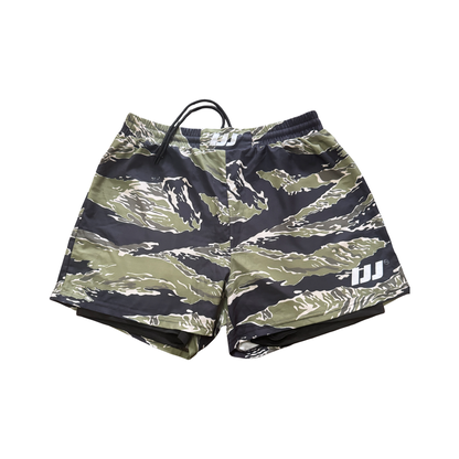 TIGER CAMO HYBRID COMBAT SHORTS WITH BUILT-IN COMPRESSIONS