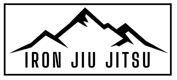 A black rectangular logo featuring a stylized mountain outline above the words 'IRON JIU JITSU' in bold uppercase letters, centered on a white background.
