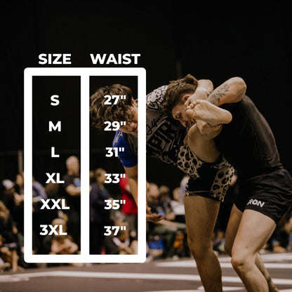 Iron Jiu Jitsu shorts size chart by waist